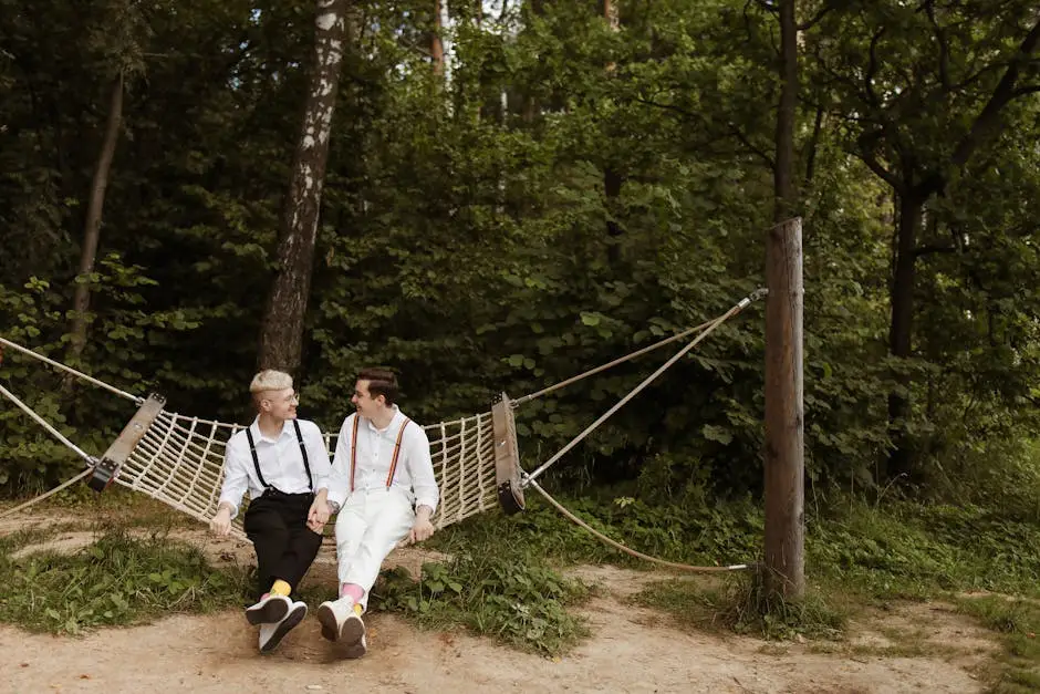 Two men in love sitting in a hammock in a lush forest, enjoying nature and each other's company.